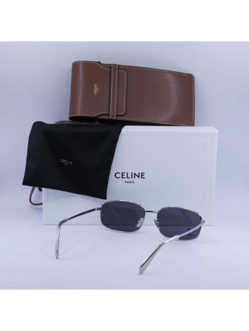 Celine CL40285U RHINESTONE TRIOMPHE 16A Rectangle Sunglasses - Palladium / Grey
